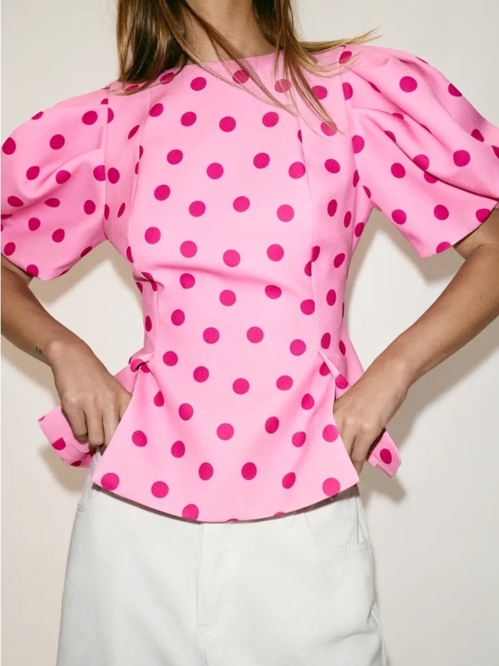 Zara Pink Polka-Dot Puff Sleeve Blouse
